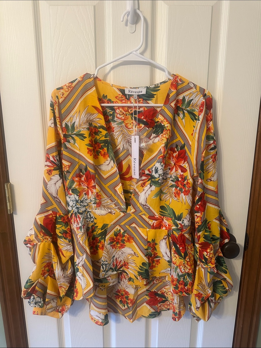 Yellow Floral V-Neck Peplum Blouse